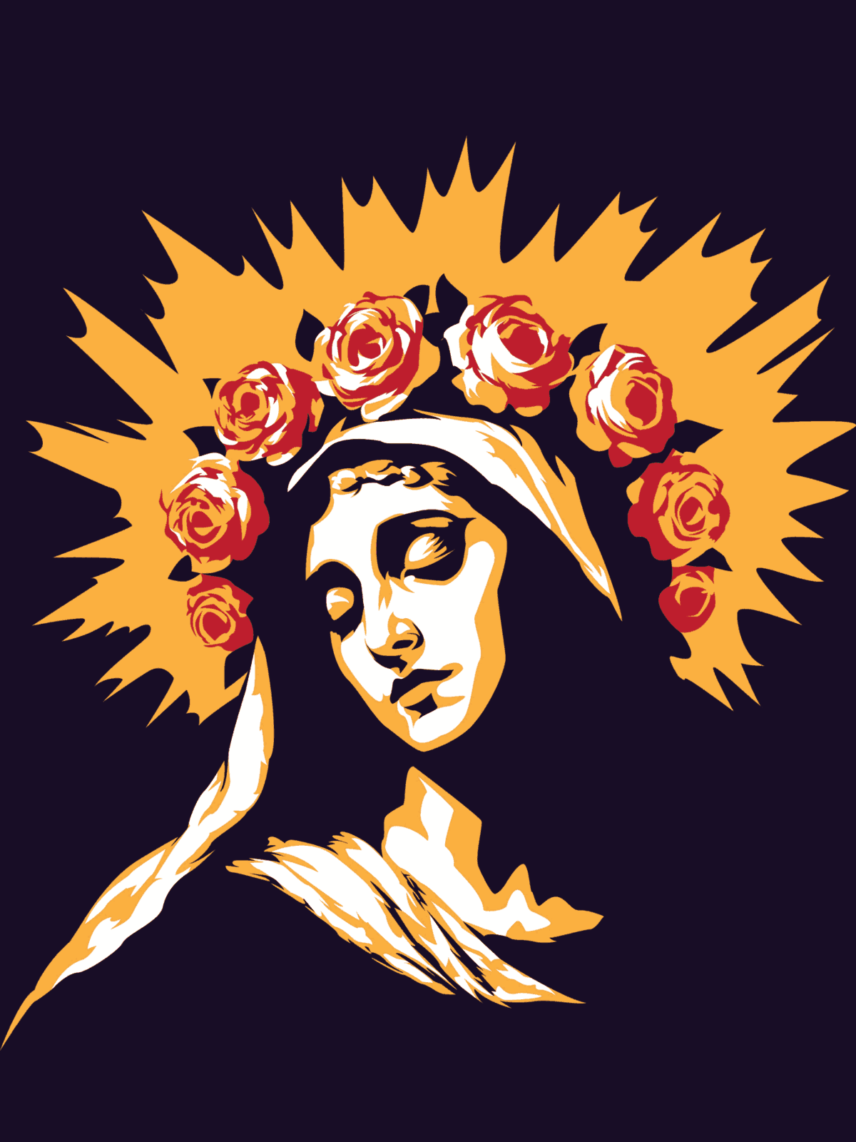 Ilustración de Santa Rosalía con corona de rosas y halo ámbar, la estampa de la casa